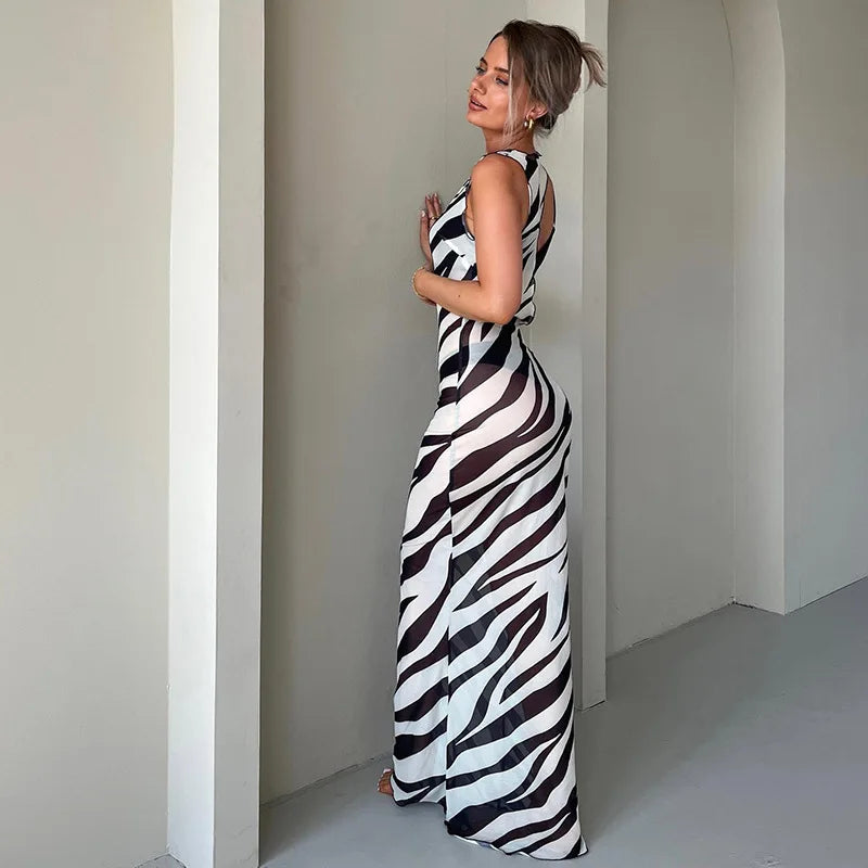 Black Sheer Mesh Zebra Maxi Cutout Dress