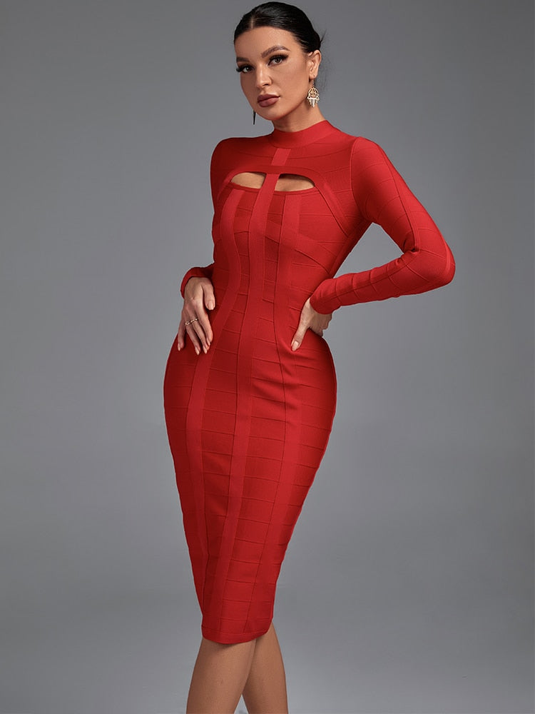 Cut-Out Long Sleeves Party Bandage Clubwear Midi Dress