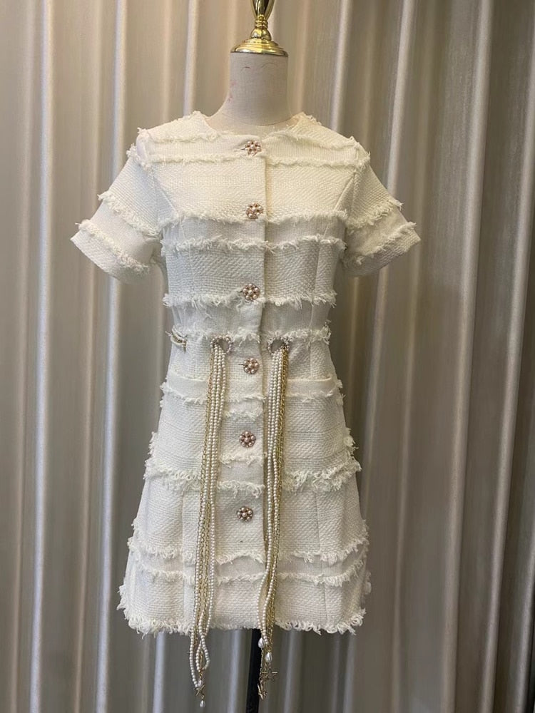 Short-sleeved Braided Pearl Chain Dress