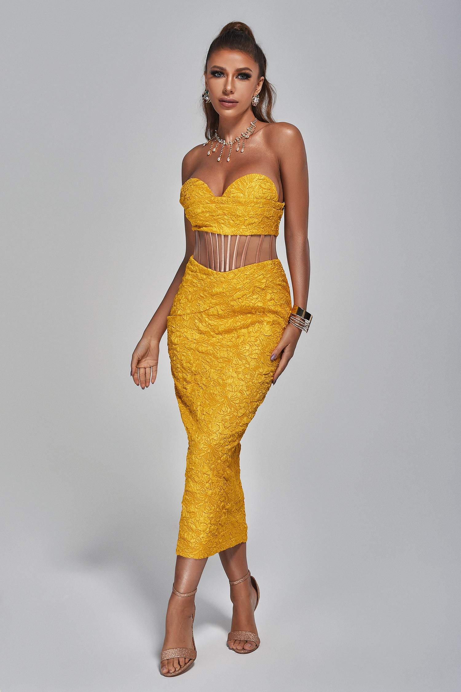 Textured Strapless Sweetheart Neck Slit Dress