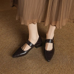French thickheeled magic sticker shallow shoes pointed and fashionable versatile nonslip small leather shoes