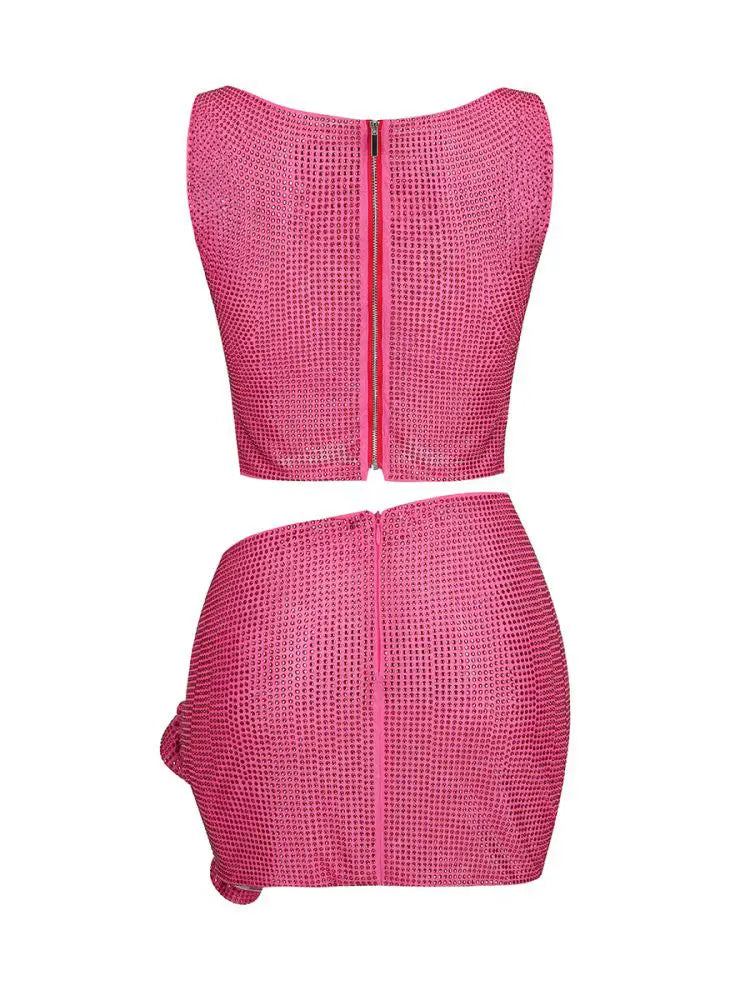 Chic Elegant Flowers Rhinestone Dress-Rose Red