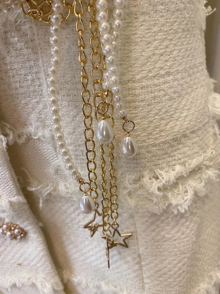 Short-sleeved Braided Pearl Chain Dress