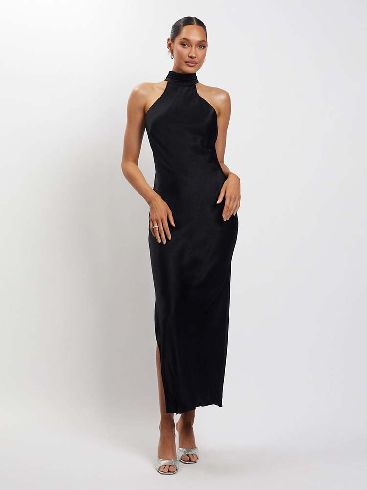 HIGH NECK SATIN WED PARTY DRESS
