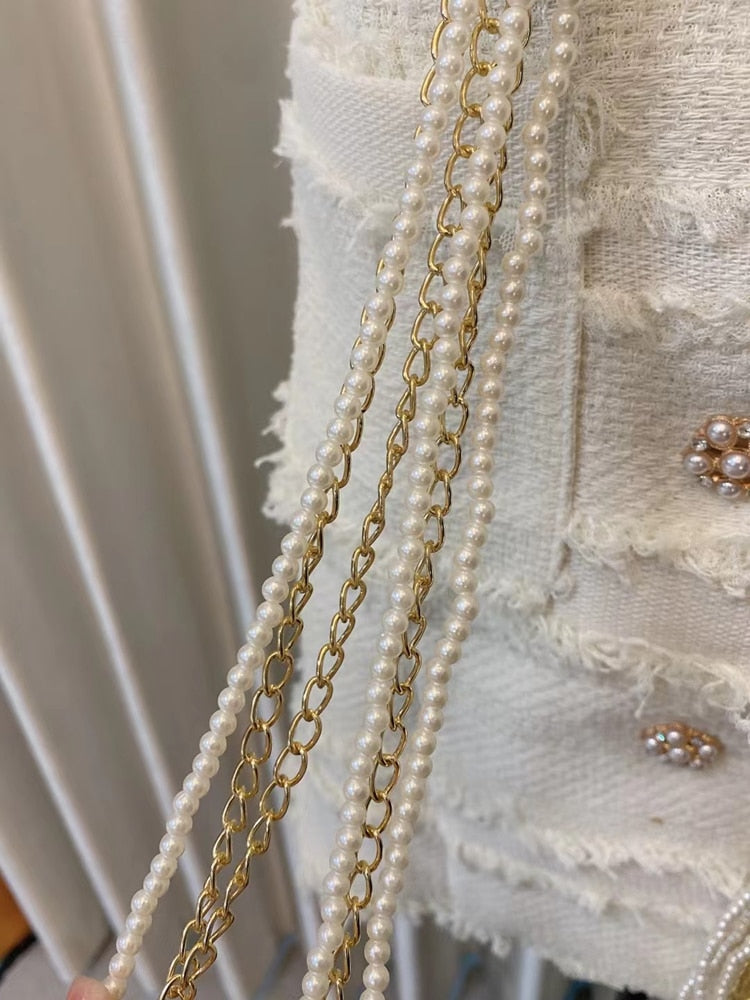 Short-sleeved Braided Pearl Chain Dress