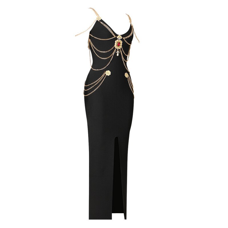 Chain Diamond Slim Fit Tight Bandage Dress-Black