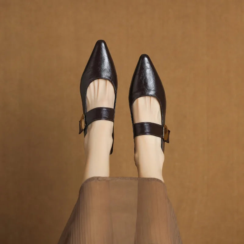 French thickheeled magic sticker shallow shoes pointed and fashionable versatile nonslip small leather shoes