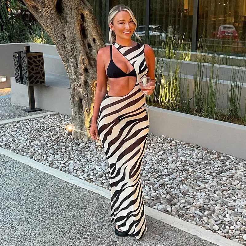 Black Sheer Mesh Zebra Maxi Cutout Dress