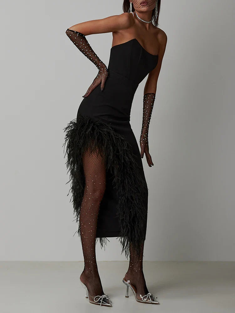 Strapless Feather Bandage Midi Dress