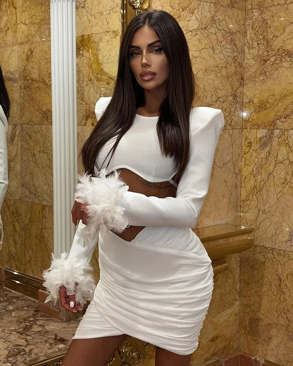 Open-back Feather Long-sleeved Merry  Dress