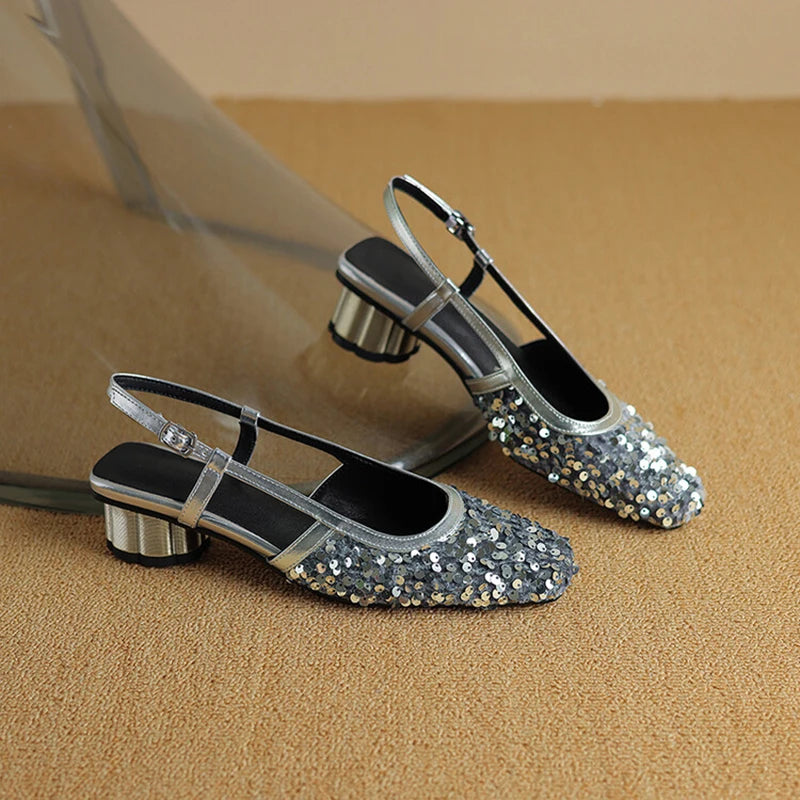 Blingbling square toe slingbacks strange heel slip on dress shoes