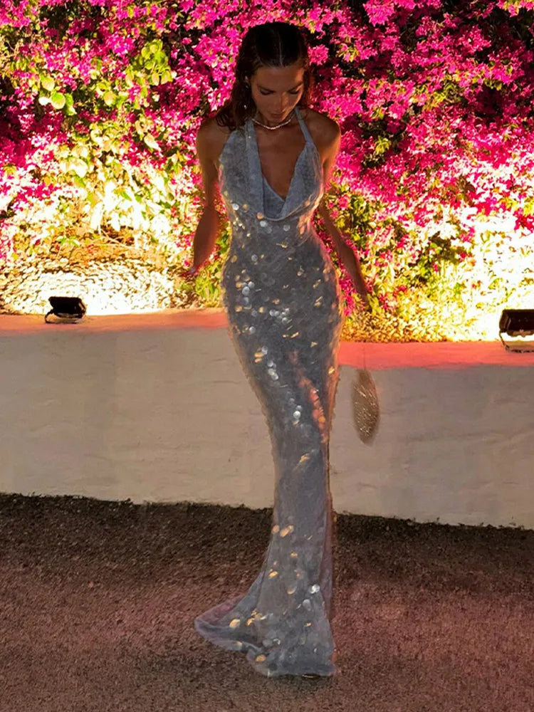 RENA BACKLESS FISH SKIN MAXI DRESS