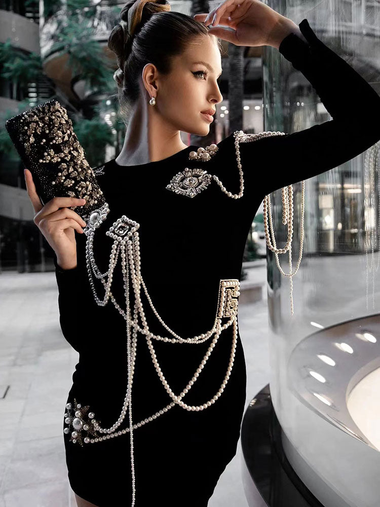 Long Sleeved Slim Golden Velvet Dress