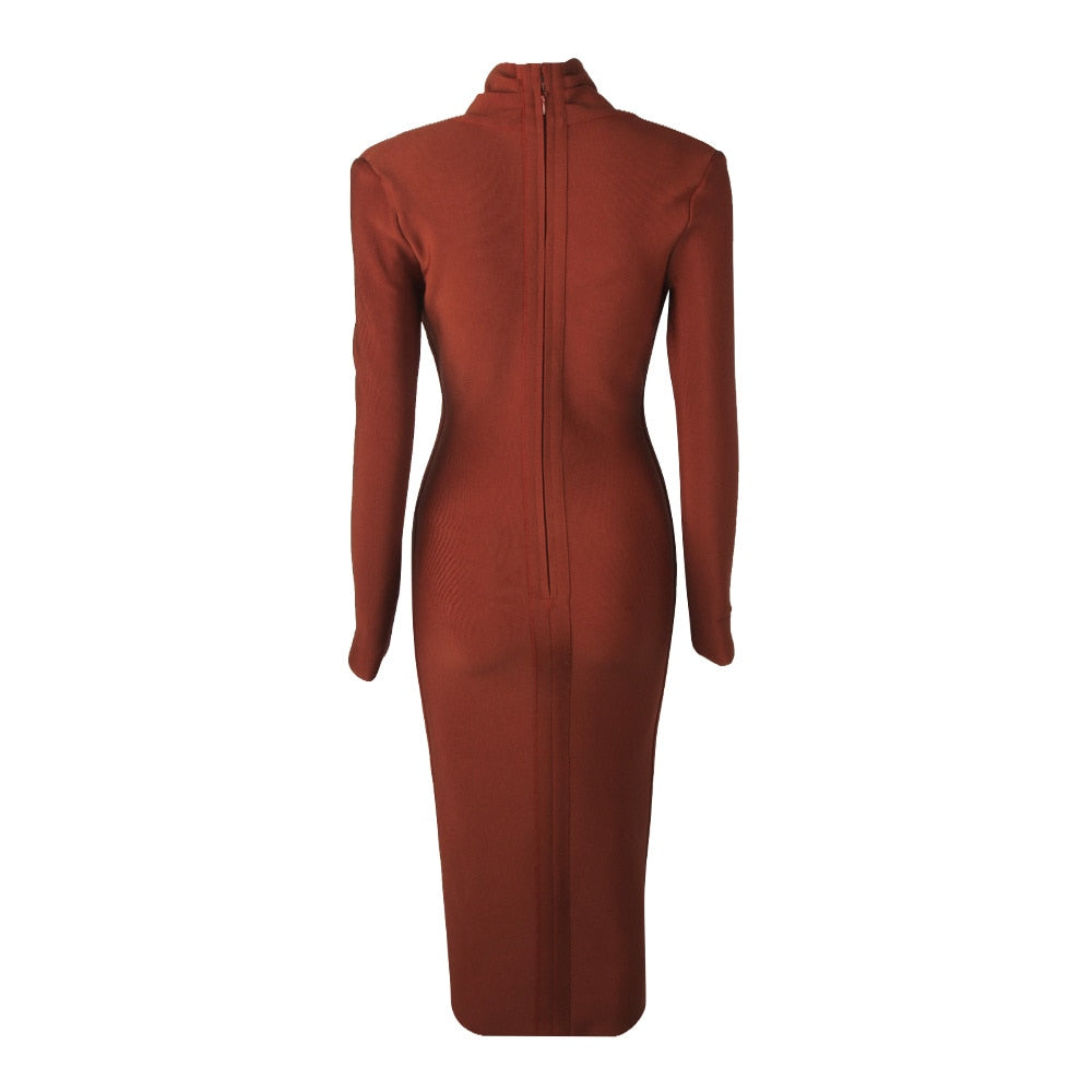 Full Sleeve Bandage party Dress-Brown