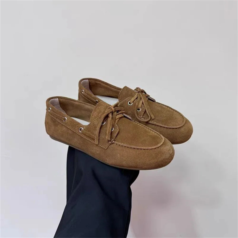 Ins Genuine Leather Flats Shoes Loafers Trend Vintage Suede Loafers Casual British Style Flat Single Shoes
