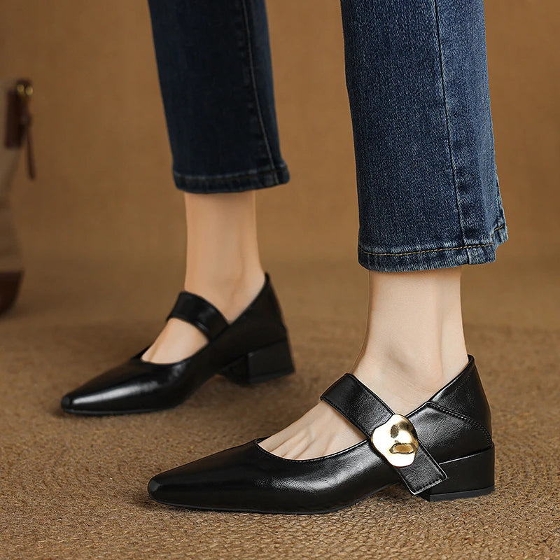 French thickheeled magic sticker shallow shoes pointed and fashionable versatile nonslip small leather shoes