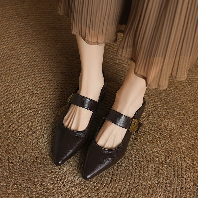 French thickheeled magic sticker shallow shoes pointed and fashionable versatile nonslip small leather shoes