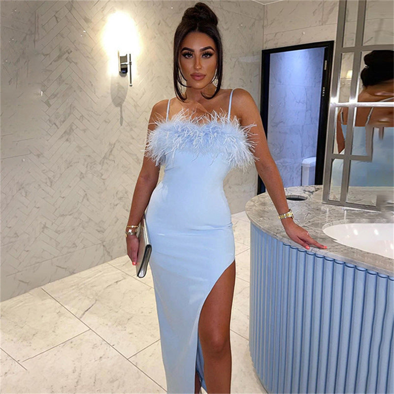 Chic Feather Trim Slip Dress