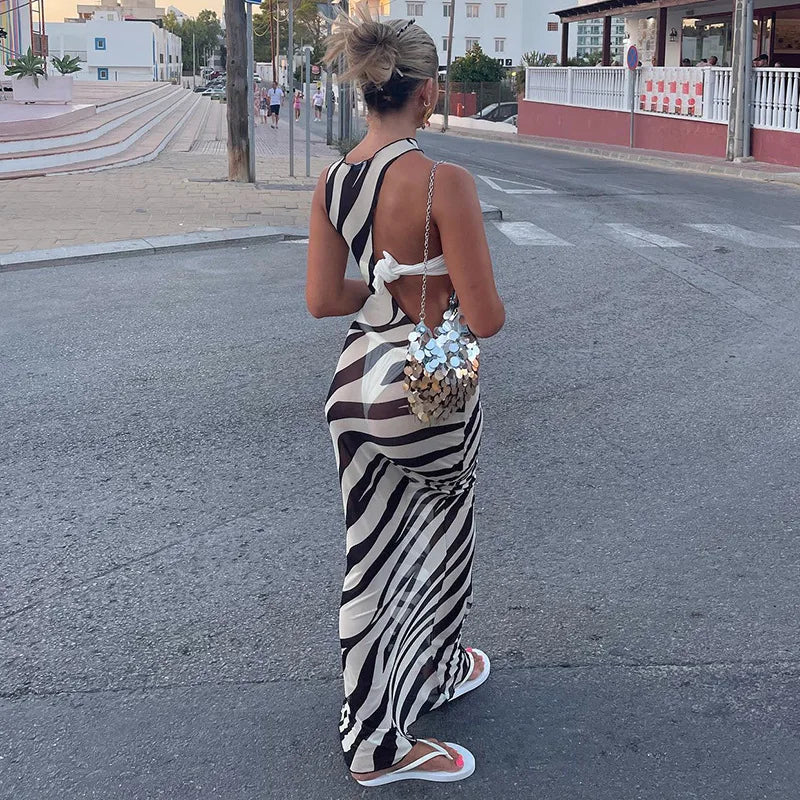 Black Sheer Mesh Zebra Maxi Cutout Dress