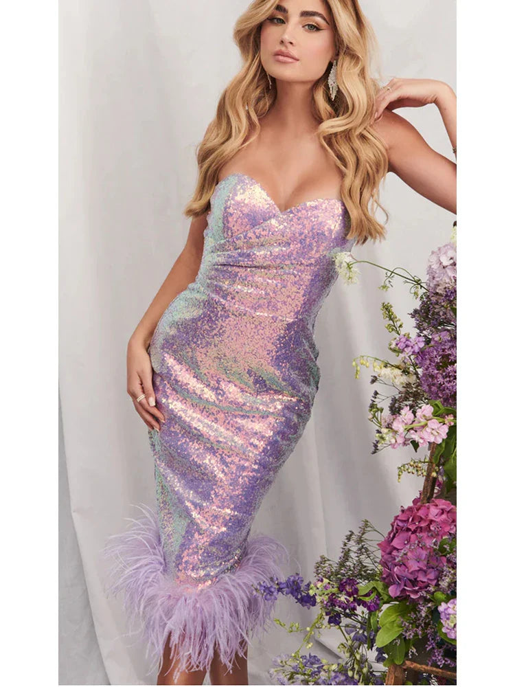 Elegant Sequin Strapless Feather Dress