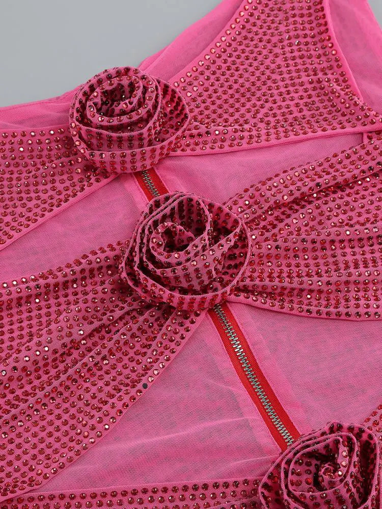 Chic Elegant Flowers Rhinestone Dress-Rose Red