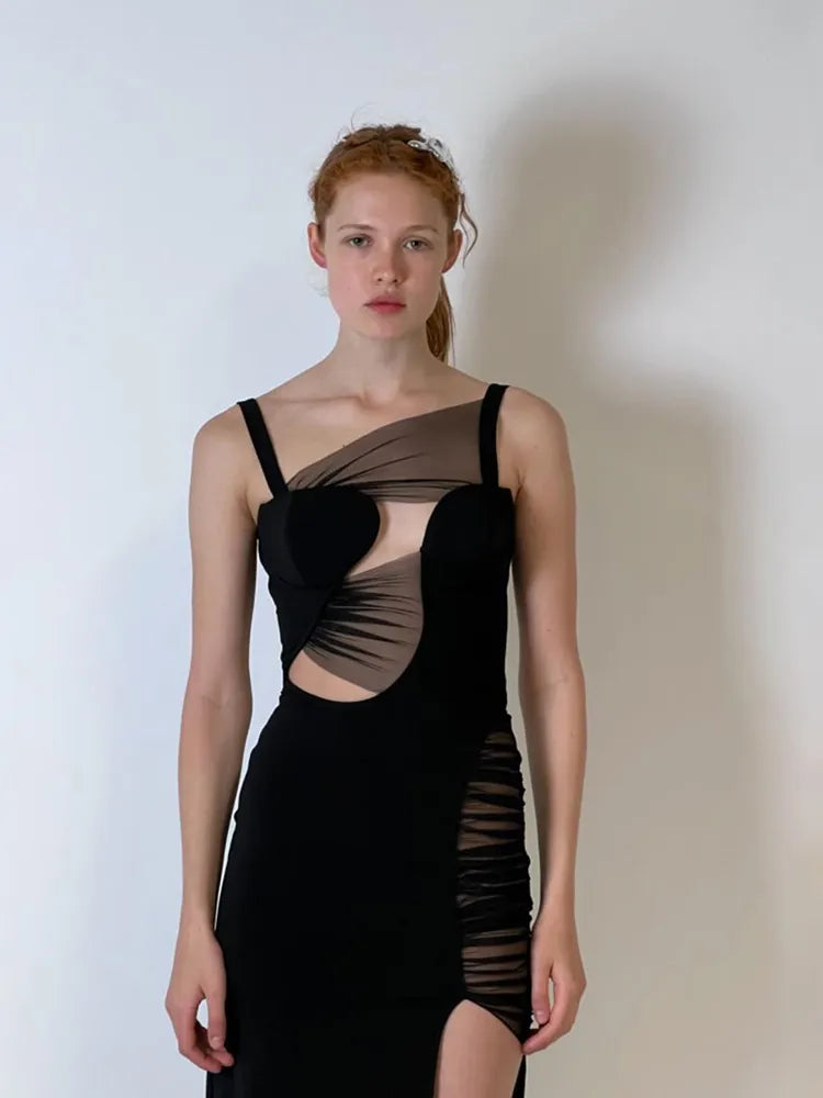 Elite Event Slit Long Mesh Dress-Black