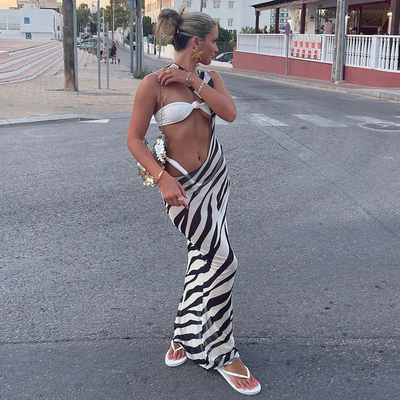 Black Sheer Mesh Zebra Maxi Cutout Dress