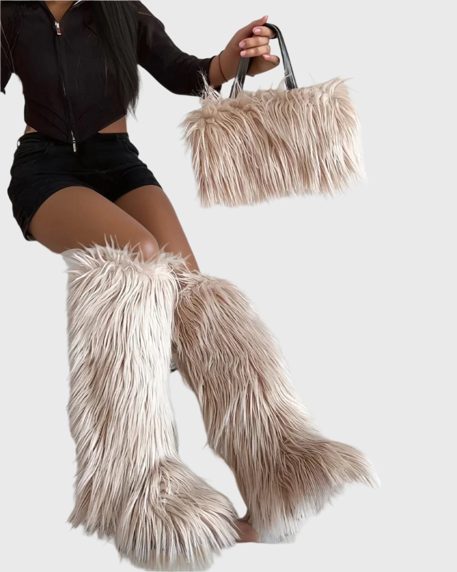 Sabine Faux Fur Knee High Boots In Beige