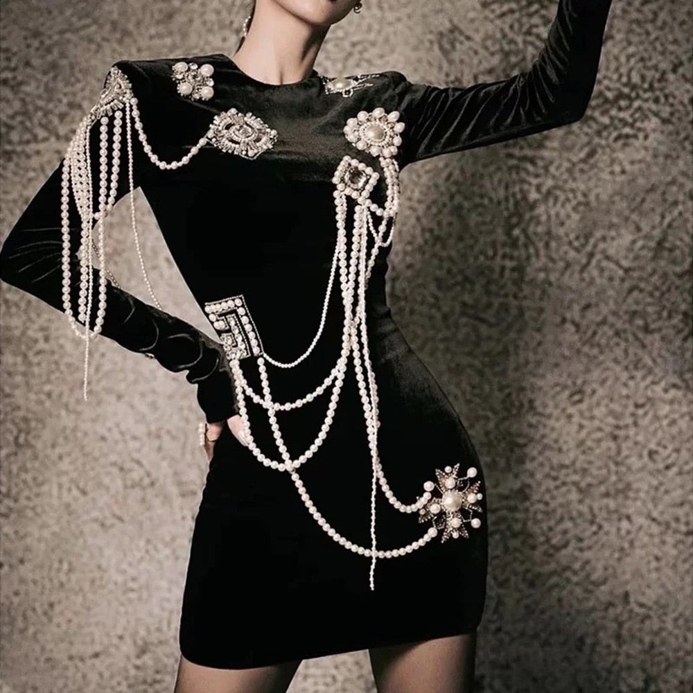 Long Sleeved Slim Golden Velvet Dress