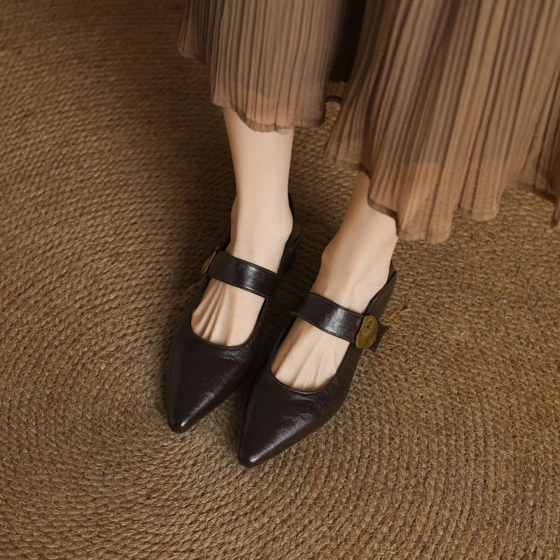 French thickheeled magic sticker shallow shoes pointed and fashionable versatile nonslip small leather shoes