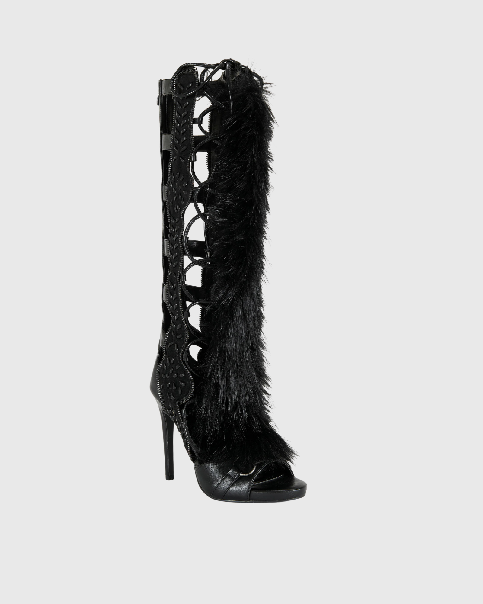 Sadiya Faux Fur Knee High Sandals In All Black