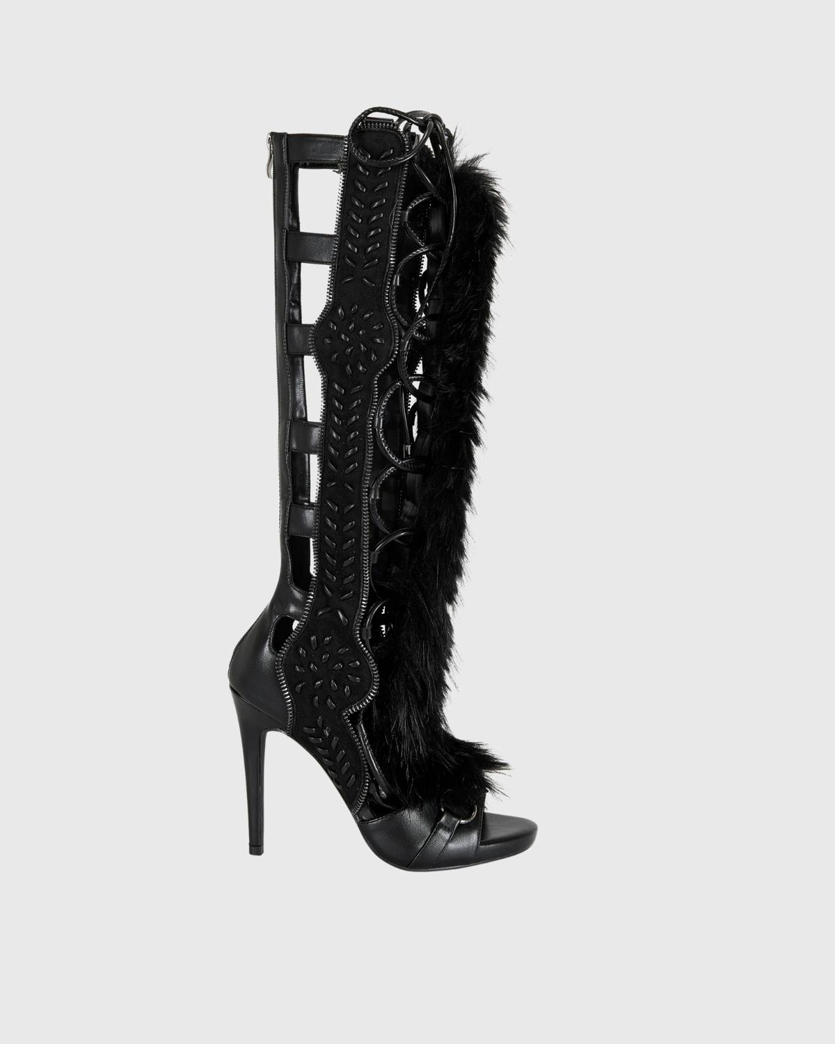 Sadiya Faux Fur Knee High Sandals In All Black