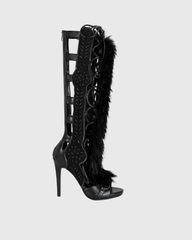 Sadiya Faux Fur Knee High Sandals In All Black