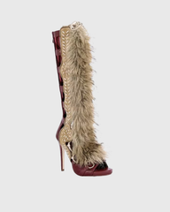 Sadiya Faux Fur Knee High Sandals In Red