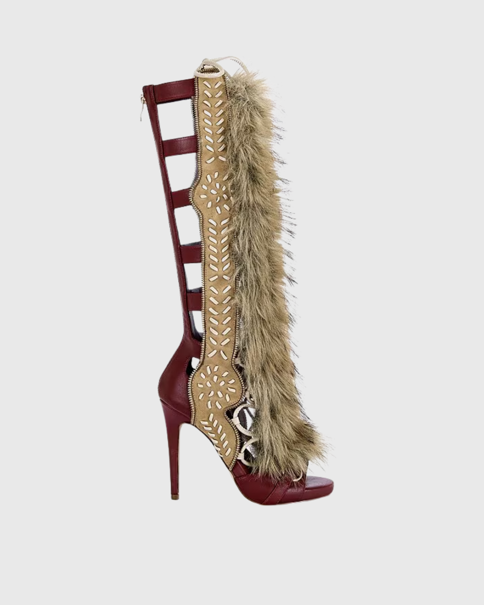 Sadiya Faux Fur Knee High Sandals In Red