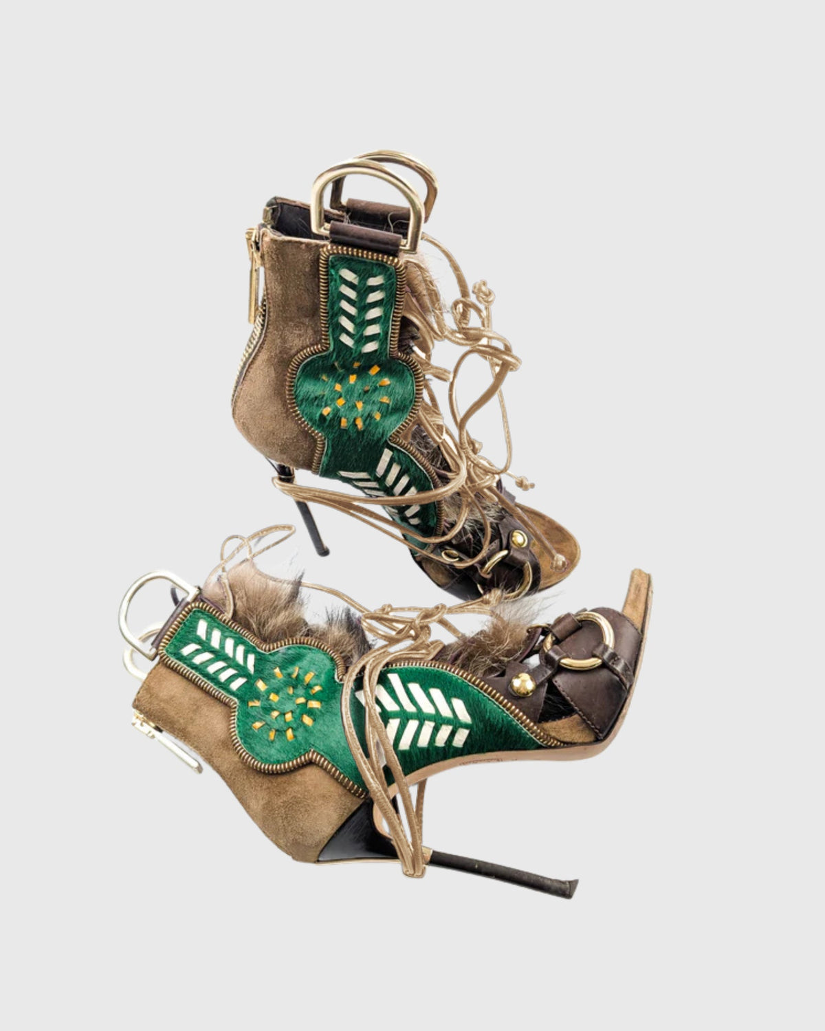 Sadiya Faux Fur Lace Up Suede Sandals In Green