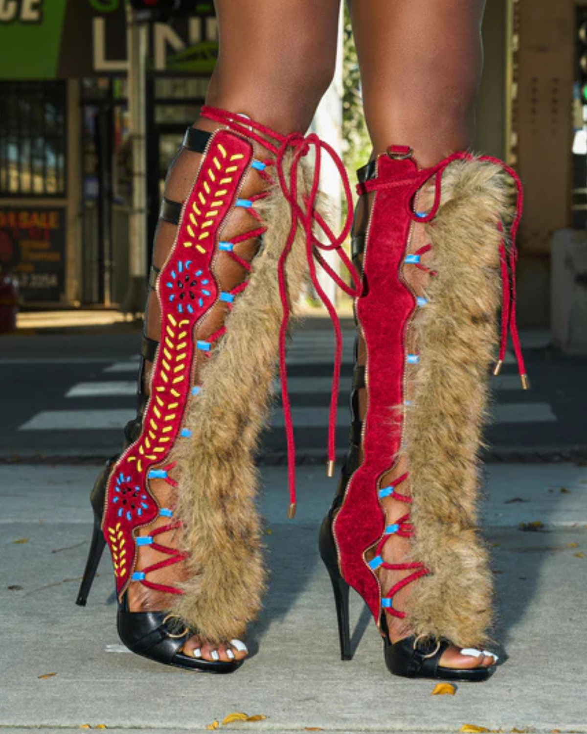 Sadiya Faux Fur Splicing Knee High Sandals In Red & Black