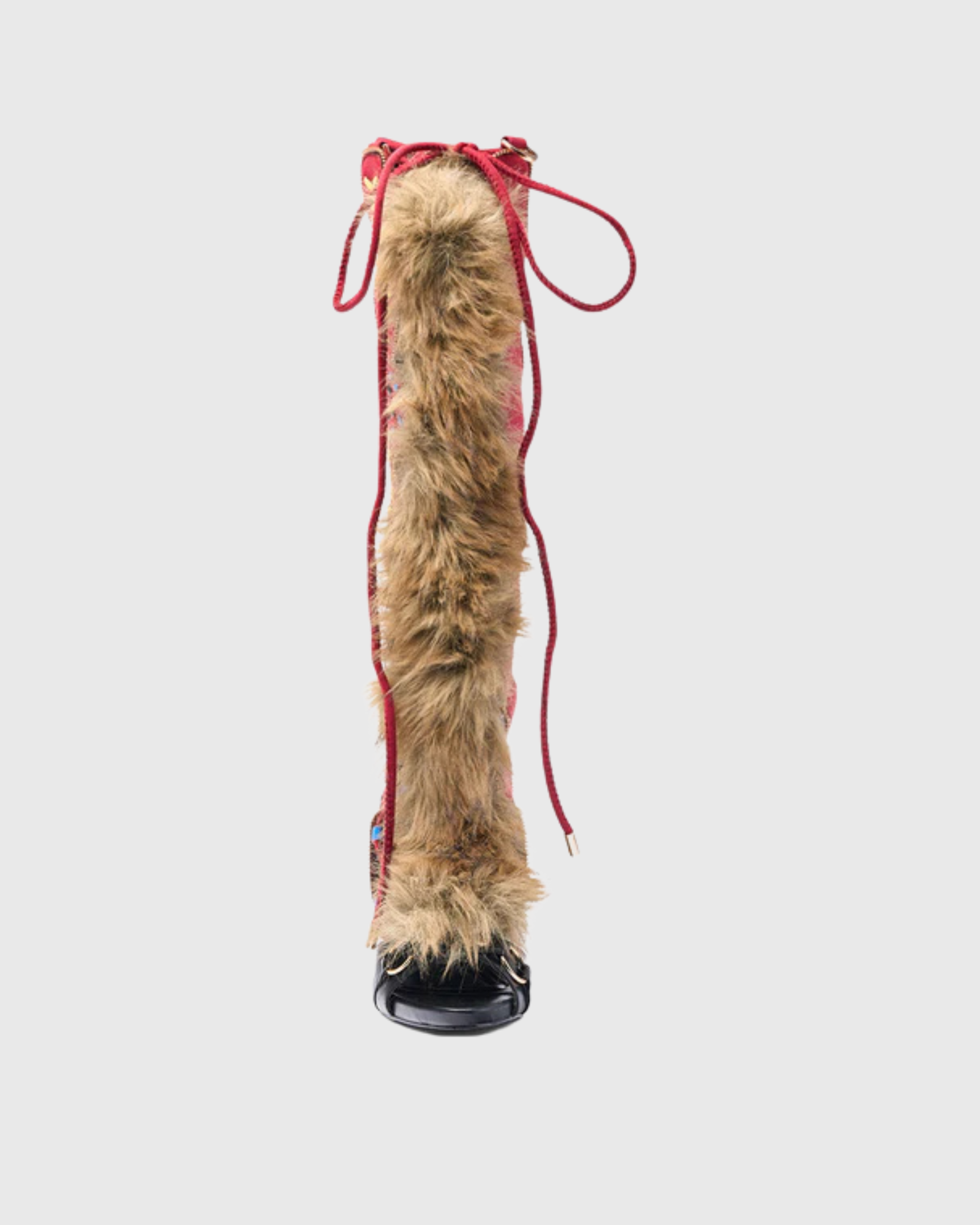 Sadiya Faux Fur Splicing Knee High Sandals In Red & Black