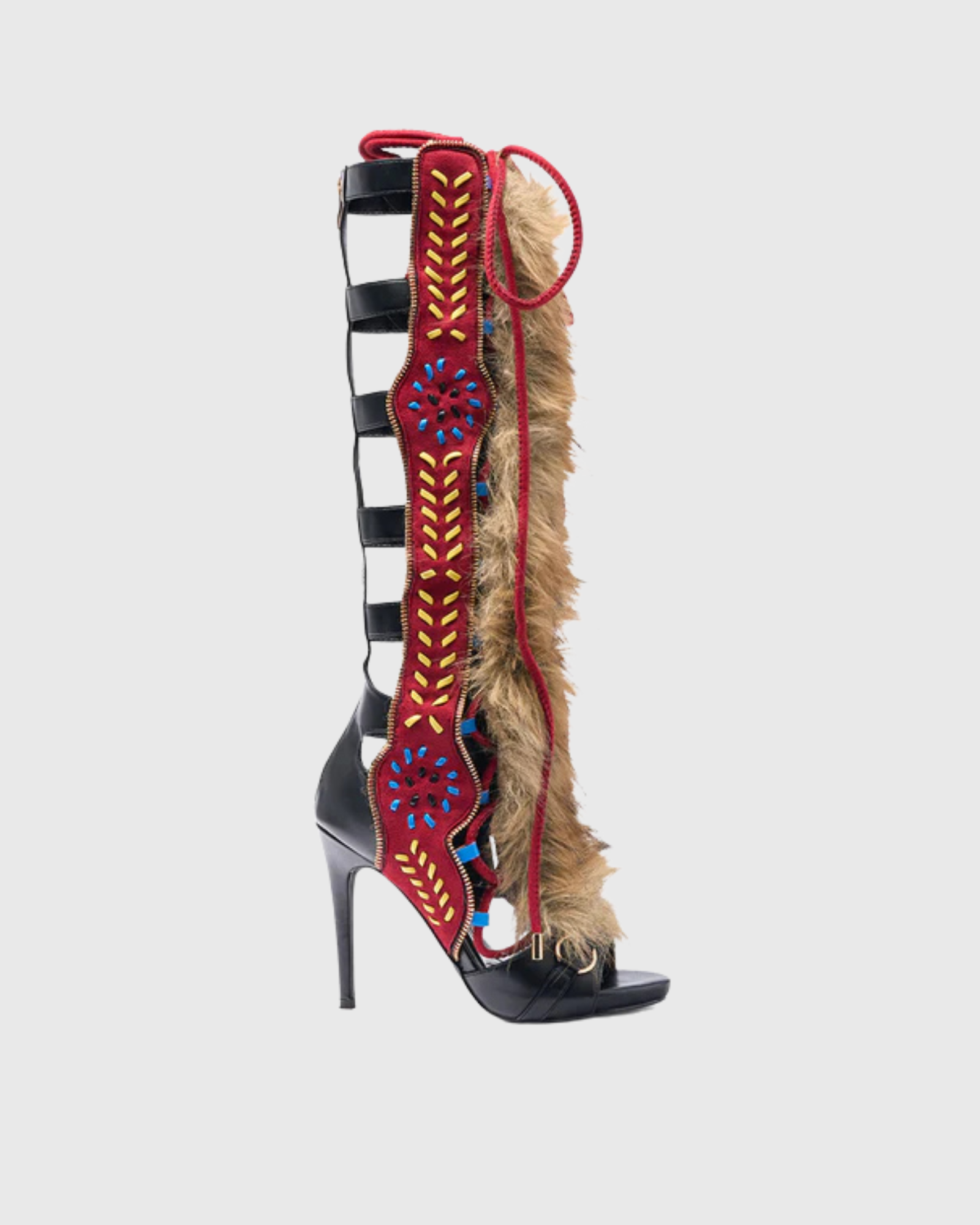 Sadiya Faux Fur Splicing Knee High Sandals In Red & Black