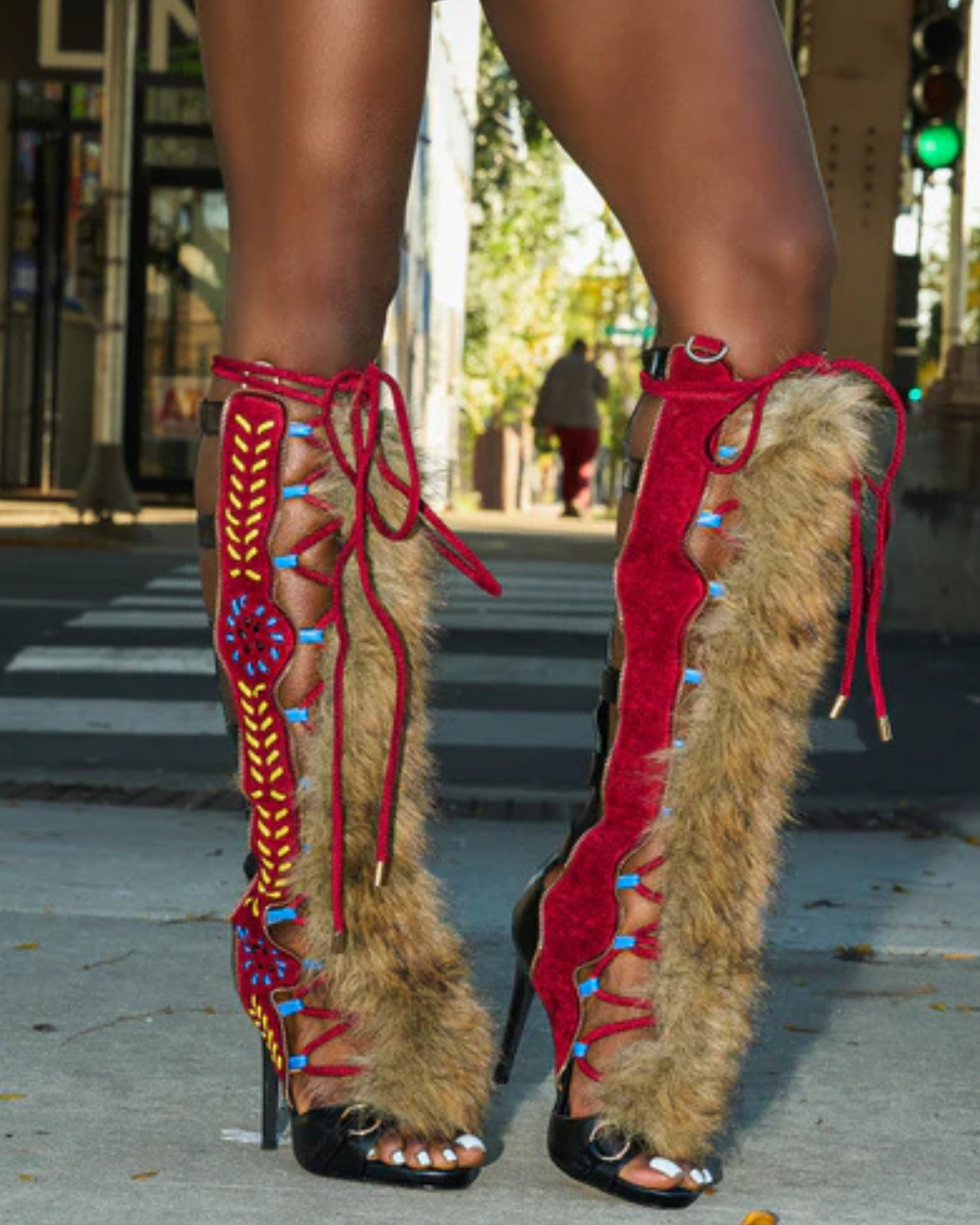 Sadiya Faux Fur Splicing Knee High Sandals In Red & Black