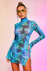 Mesh Round Neck Bell Sleeve Mini Dress