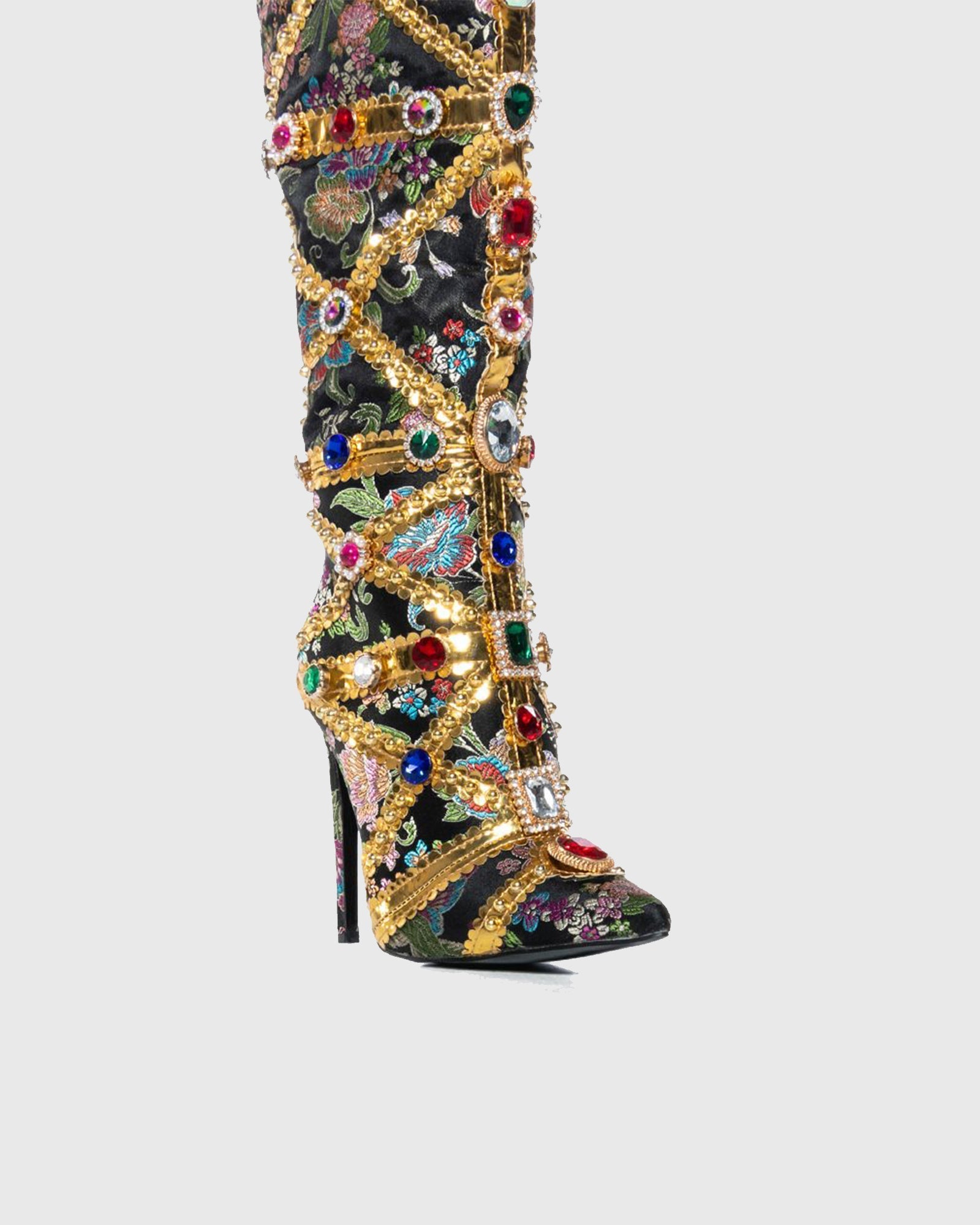 Sardinia Rhinestone Embroidery Knee High Boots In Black