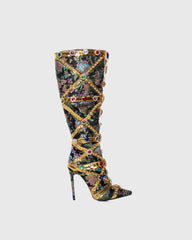 Sardinia Rhinestone Embroidery Knee High Boots In Black