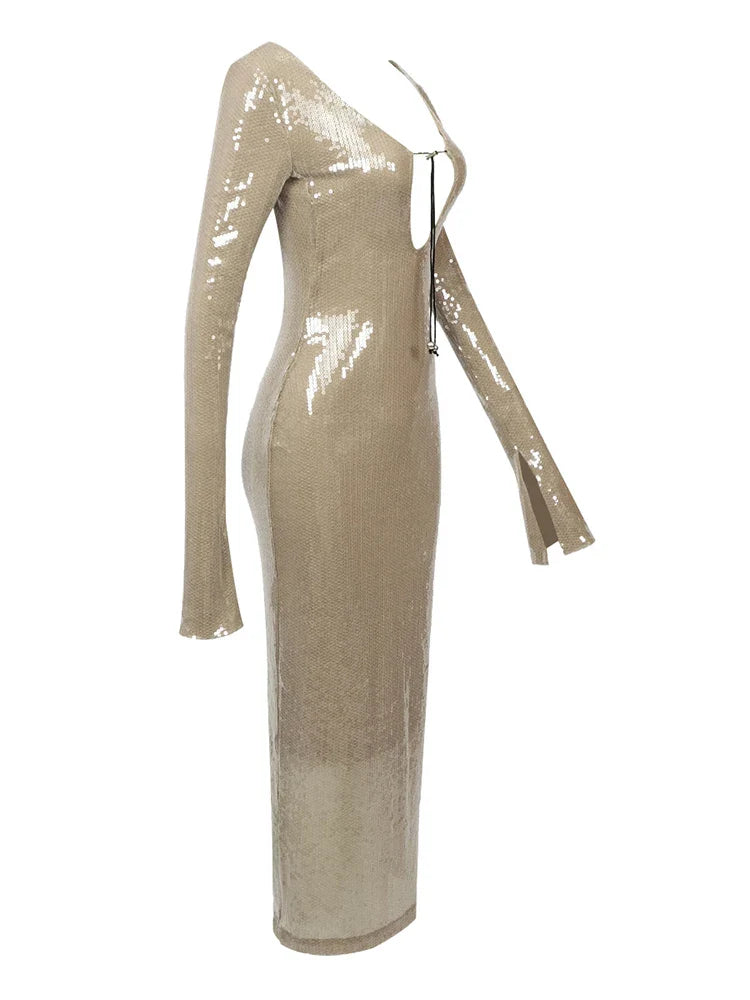 Galiva Sequined V-neck Backless Cutout Dress