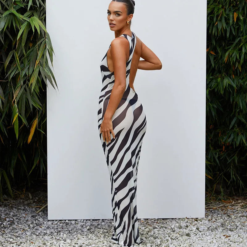 Black Sheer Mesh Zebra Maxi Cutout Dress