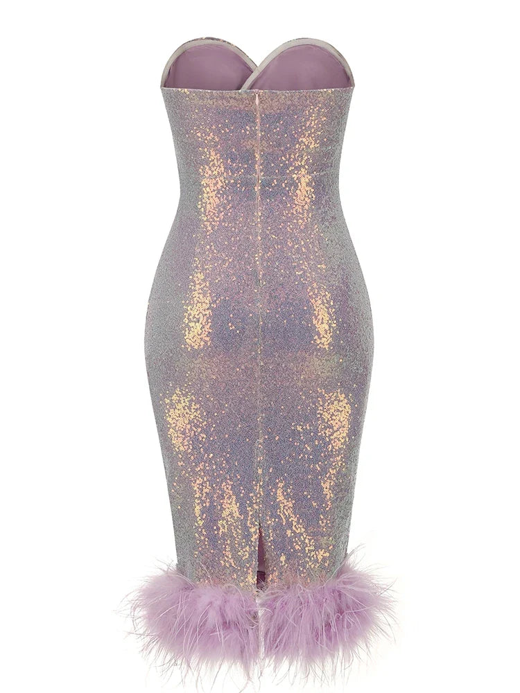 Elegant Sequin Strapless Feather Dress