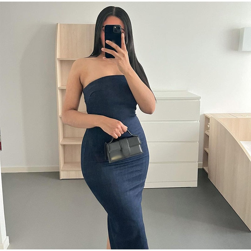 Strapless Jean Slit Midi Dress