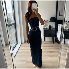Strapless Jean Slit Midi Dress