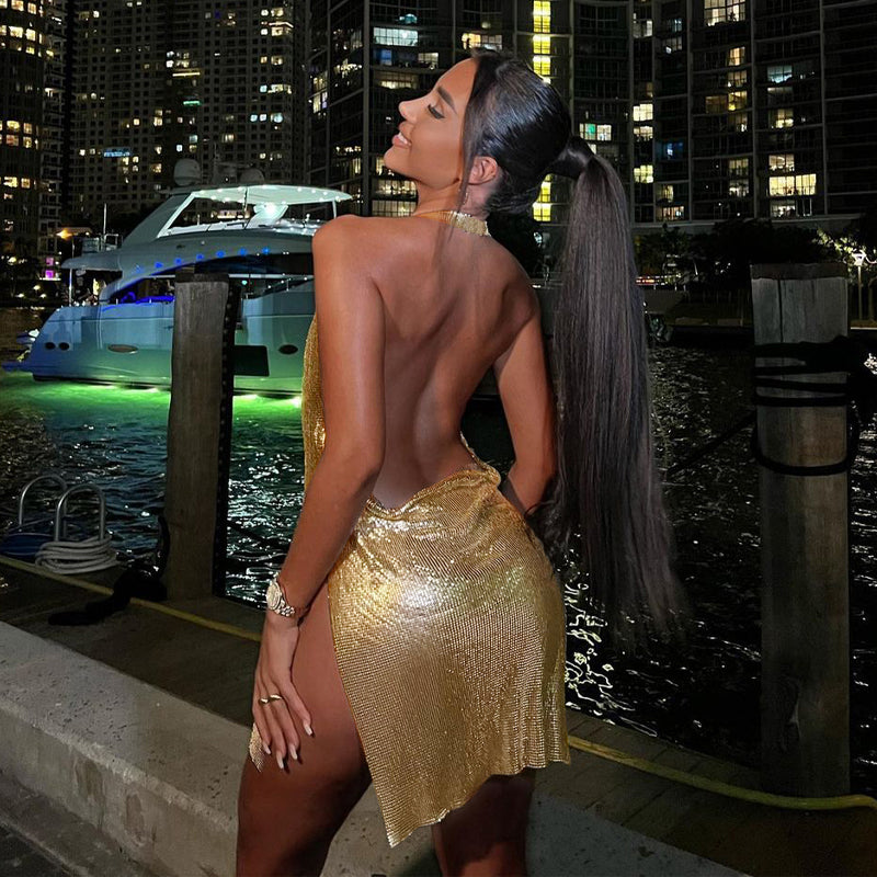 Backless Diamante Mesh Mini Party Dress-ALYIA