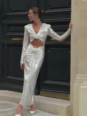 Diag Collar Metallic Mesh Flow Dress